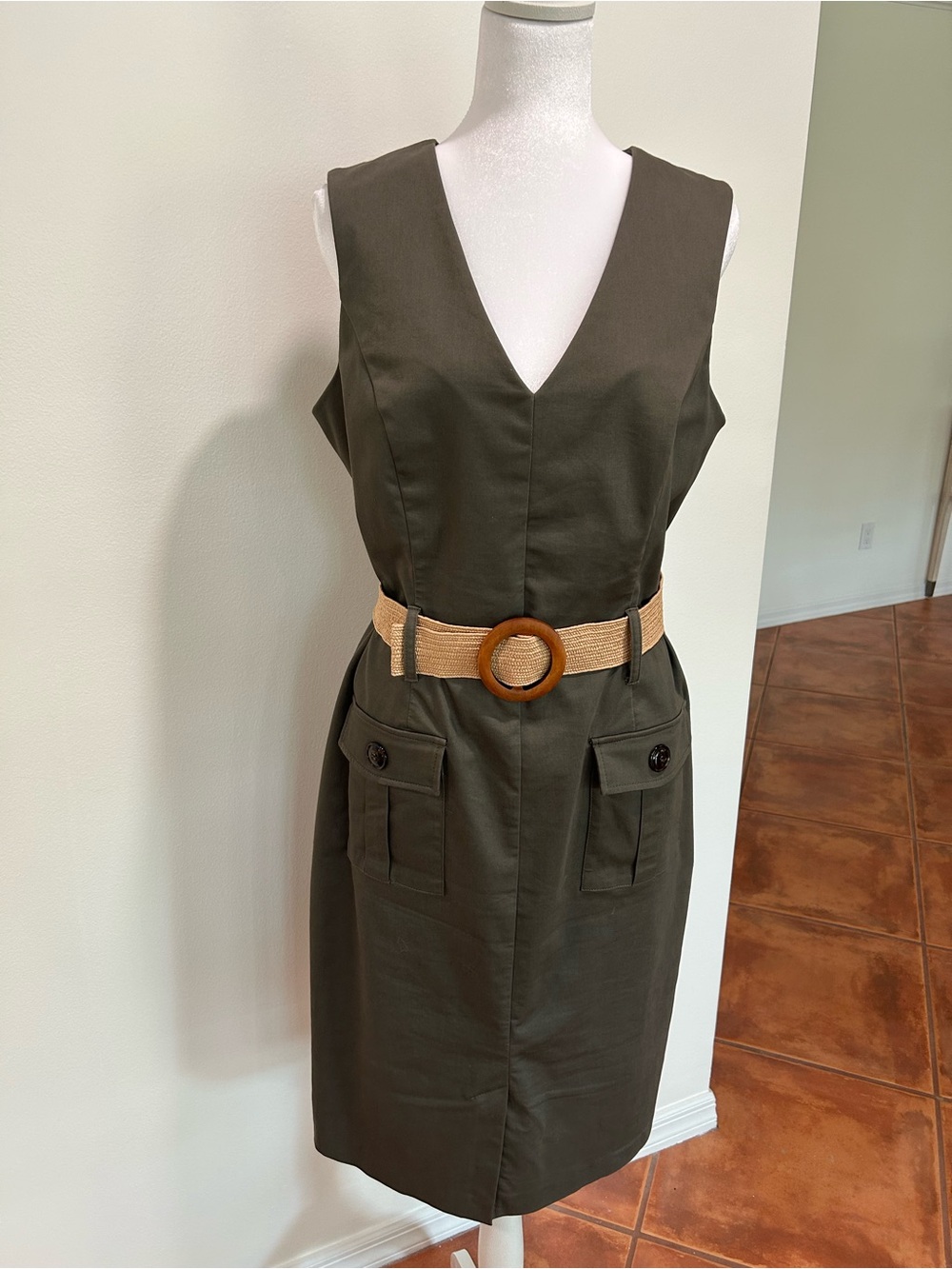 Joseph Ribkoff Olive Sleeveless V-Neck Utility Dress with Tan Belt